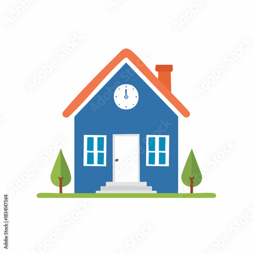 Vibrant blue house with orange roof a prominent clock and green trees flat design illustration