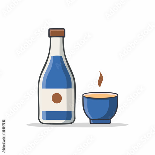 Cartoon illustration of a bottle and cup of hot beverage
