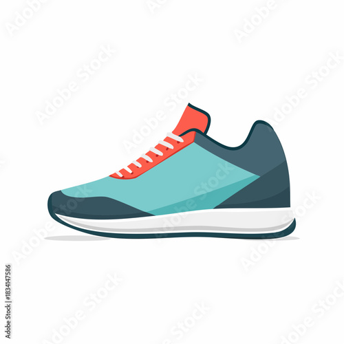 Modern athletic running shoe with blue, teal, and coral accents