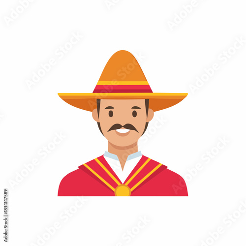Man with mustache wearing traditional Mexican sombrero and red poncho