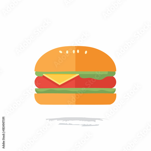 Delicious burger illustration with cheese, lettuce, tomato layers; Simple flat design of tasty fast food for a menu or infographic project concept