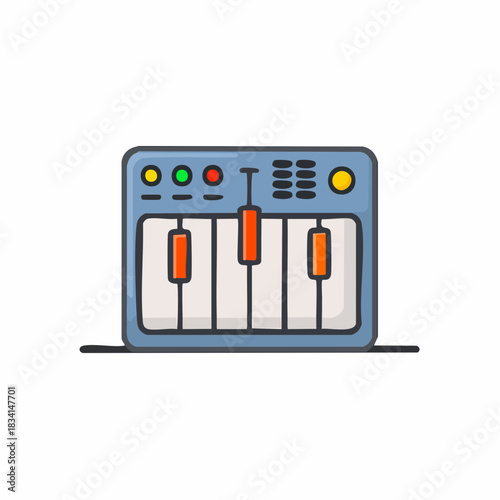 Colorful hand drawn style vector art of an audio keyboard controller with synthesizer elements