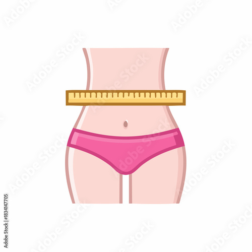 Female body measuring waist with ruler diet and fitness progress icon
