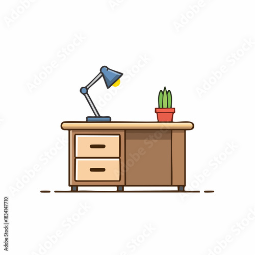 Cartoon illustration of a workspace with a wooden desk, lit lamp, and potted plant