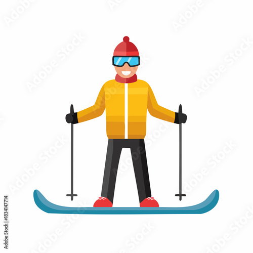 Cartoon skier with poles wearing goggles warm jacket and hat, ready for winter sport activities, skiing, and mountain adventures