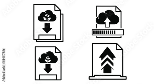 Download upload cloud data file document vector icon illustration set