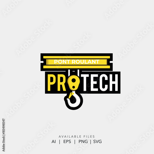 Industrial Overhead Crane and Hoist Logo Vector Design,  Yellow and Black Heavy Machinery Badge with Lifting Hook