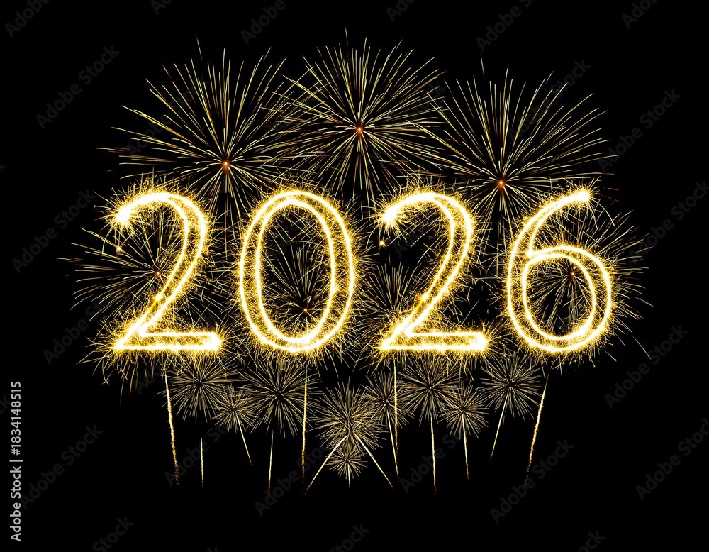 Obraz premium Bright golden sparkling fireworks illuminate the year 2026 against a dark night sky celebrating the upcoming new year