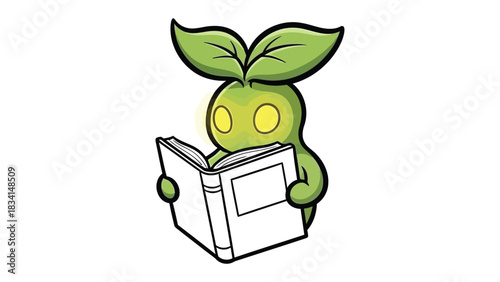 Enlightened Sprout: A whimsical sprout, with leafy ears and glowing eyes, delves into a book, embodying the joy of learning.
