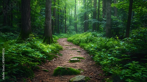 Sunlight filtering through a lush green forest onto a winding dirt path