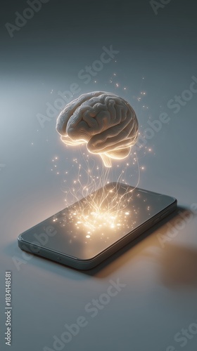 Glowing 3D human brain hovering over modern smartphone. Artificial intelligence, mobile technology, and smart assistant concept. Digital mind connection.