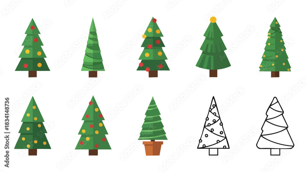 Obraz premium Set of various Christmas tree vector illustrations in color and outline style.