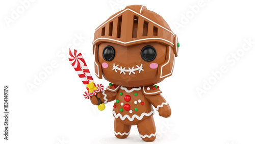 Whimsical gingerbread knight figurine holding candy sword, perfect for holiday promotions, toy designs, and festive digital art projects. A fun Christmas icon.
