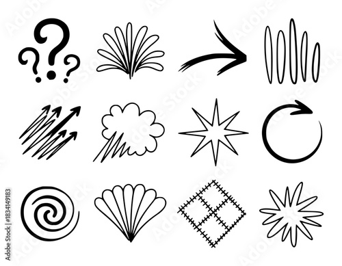 Collection of Hand-Drawn Icons Arrows, Question Marks, Stars, and More