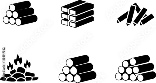 Collection of Icons Representing Wood Piles and Campfire