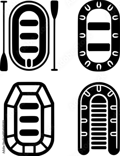 Collection of Inflatable Raft and Paddle Icons for Water Sports