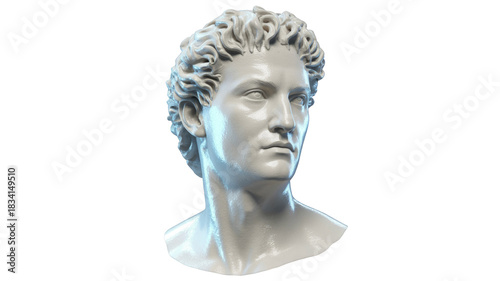 A captivating 3D rendered classical marble bust of a youthful man with curly hair, exuding timeless artistic elegance. background removed