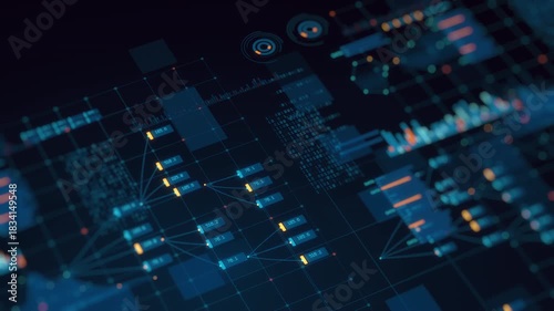 3D render: Abstract financial data visualization background. Digital grid, charts, graphs, numbers, binary code. Technology, business, analytics, big data concept. Ideal for motion graphics
