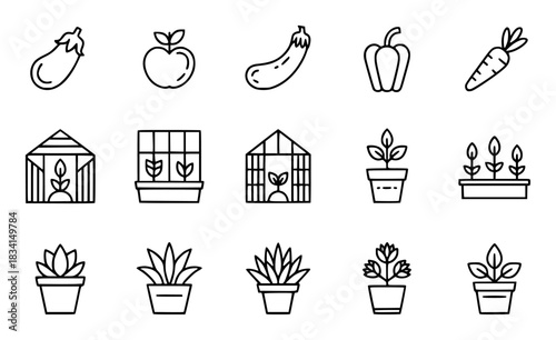 Collection of Line Icons Representing Gardening and Produce