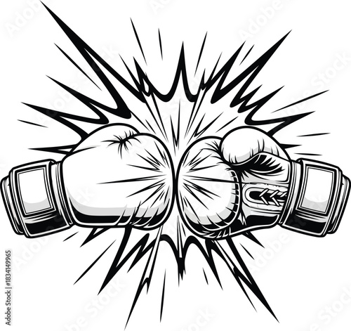 Two boxing gloves colliding with a starburst explosion