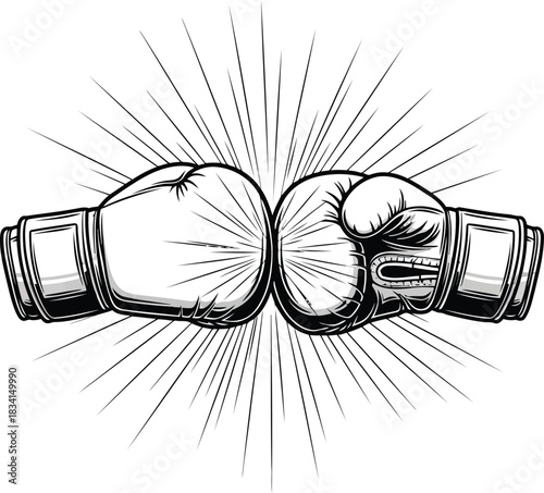 Two boxing gloves colliding with radiating lines collision