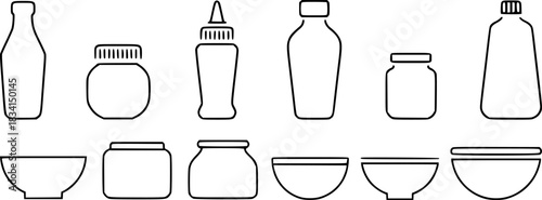 Collection of Outline Icons Bottles, Jars, and Bowls for Various Uses