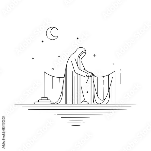 Person in hooded robe arranging fabric under a crescent moon and stars in a minimalist design