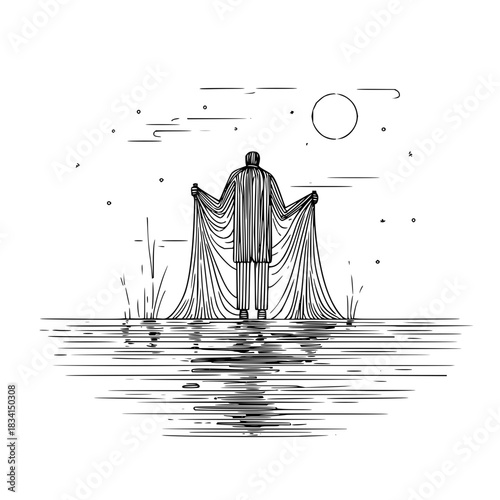 Person standing in water holding out draped fabric under a moonlit sky in line art style