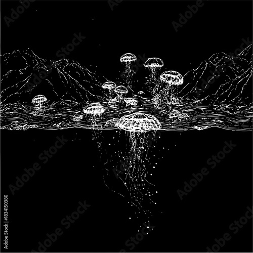 A monochrome illustration of jellyfish floating in water with mountains in the background at night time