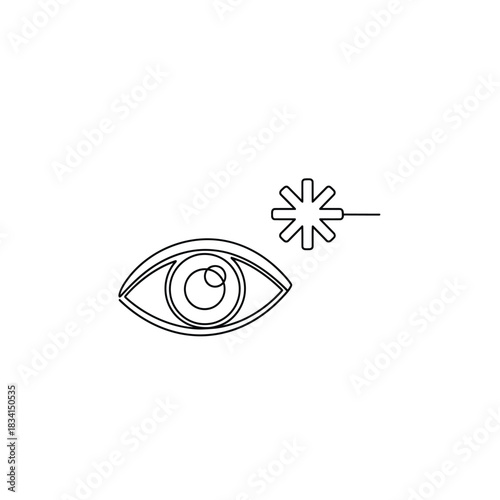 Laser vision correction eye and laser beam continuous line art vector illustration