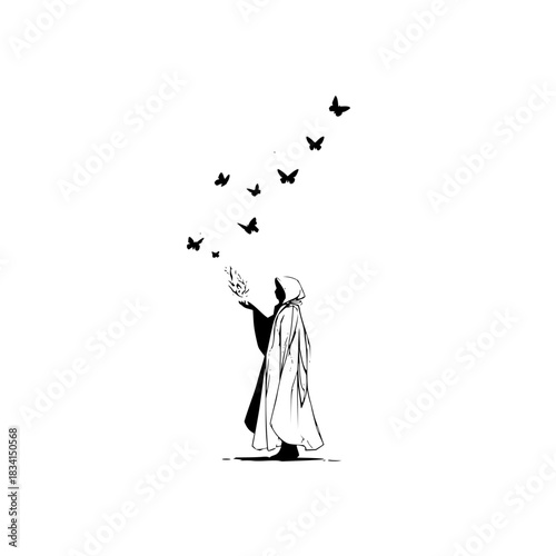 Person in hooded cloak releasing butterflies from hand in black and white illustration style art