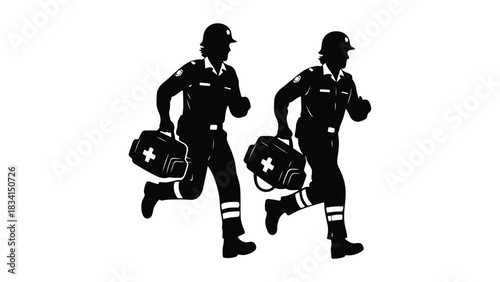 Paramedics running with first aid kit silhouette vector image