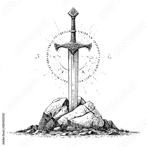 A sword in a stone with runes around it in a black and white sketch style illustration of fantasy art