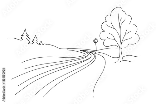 Winter Light Trails. Light trails in winter night. Minimalistic one-line drawing flowing streaks of light over