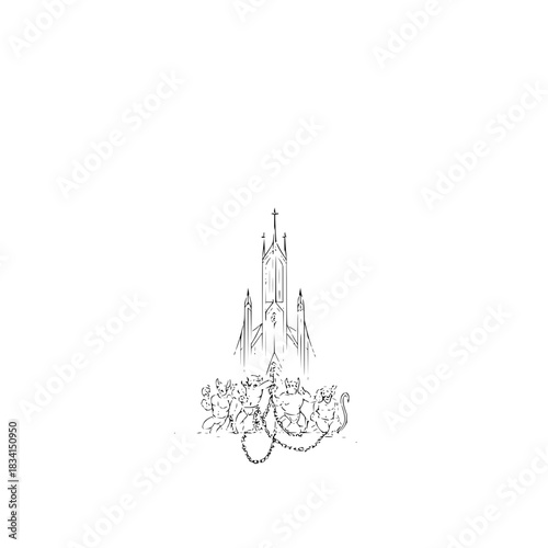 Illustration of a gothic church with demonic figures chained in front of it in black and white sketch style