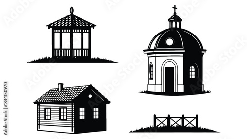 Vector buildings gazebo church house fence design silhouette