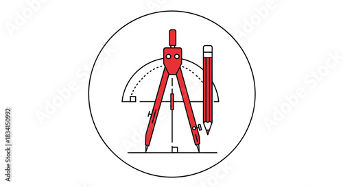 A circular icon with essential geometry and drafting tools including a red drawing compass a pencil and a protractor.