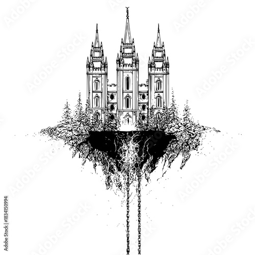 Illustration of a temple on a floating island with chains hanging down in black and white style art