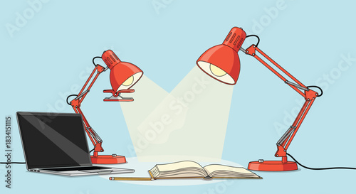 Two red adjustable desk lamps illuminating a modern laptop computer and a traditional open book on a wooden study table.