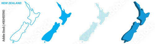 New Zealand Map Vector Set, Oceania Outline Silhouette Dotted 3D Solid Shapes, New Zealand Country Infographic Template, Editable EPS New Zealand Geography