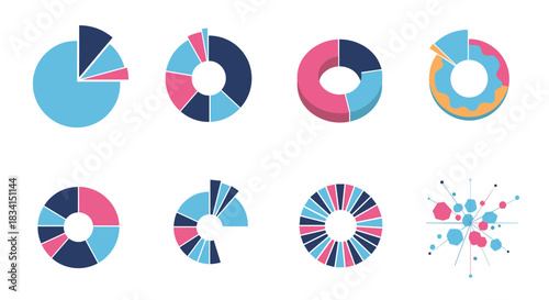 A versatile set of eight colorful pie and donut chart icons for data visualization infographics and business reports.
