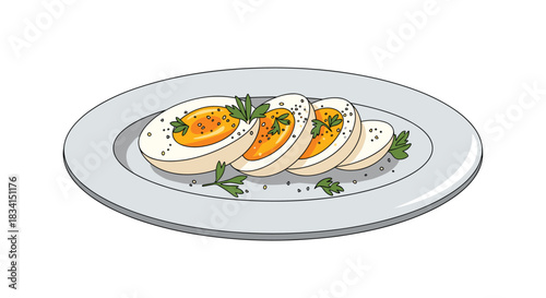 Sliced hard-boiled eggs garnished with fresh parsley and sprinkled with black pepper served on a simple gray plate for a healthy breakfast.