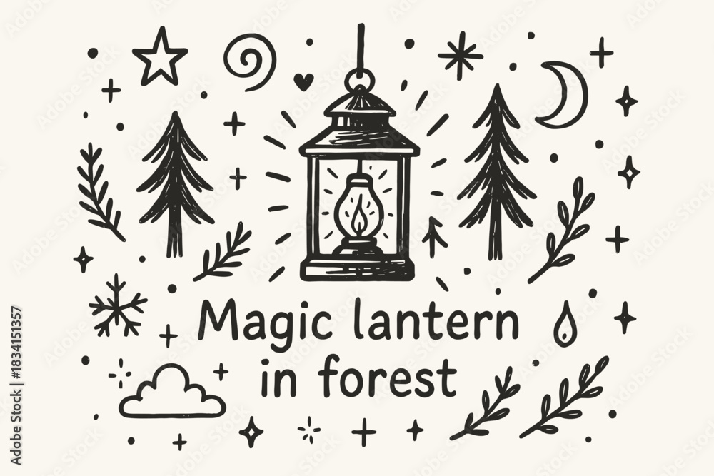 Naklejka premium Magic Lantern Forest. Magic lantern in forest. Hand-drawn doodle illustration of Magic lantern in forest. In