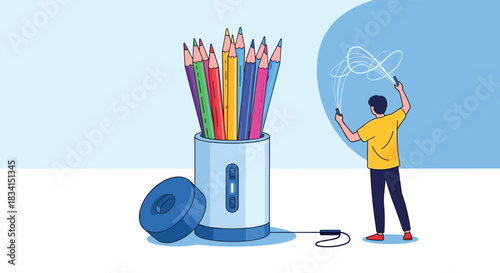 Modern illustration showing a man creating digital art with a stylus while colored pencils emerge from a futuristic electric sharpener.