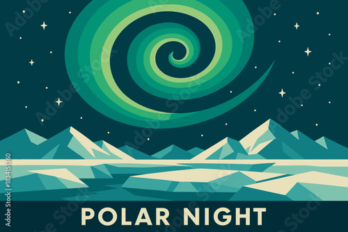 Polar Night Fantasy. Polar night fantasy minimalist flat illustration of aurora spirals above angular icy