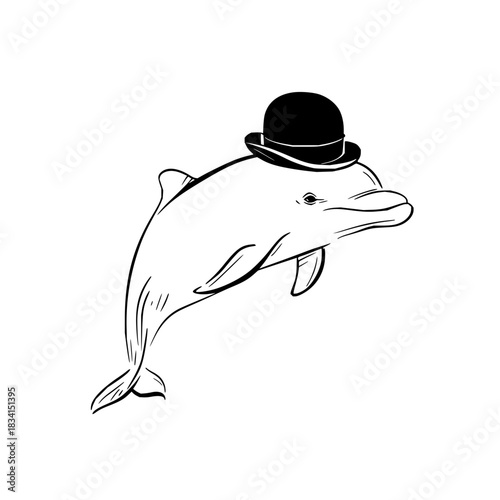 Illustration of a dolphin wearing a black bowler hat in a simple black and white line drawing style image
