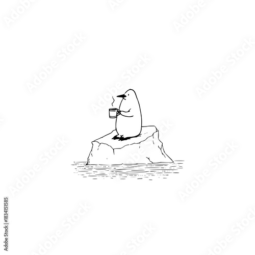Penguin sitting on iceberg holding a mug with steam rising in black and white line art style drawing