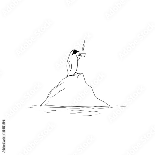 Penguin standing on iceberg drinking a hot beverage with steam in a black and white sketch style image