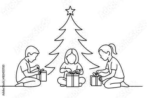 Minimalist Gift Unwrapping. Festive morning unwrap. Minimalistic one-line drawing kids sitting around tree