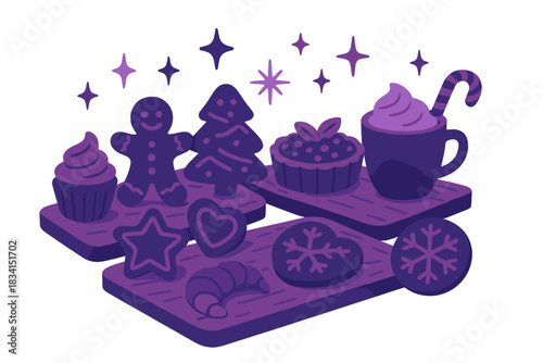 Festive Pastry Delight. Christmas pastry scene. Gingerbread cookies and festive treats displayed on rustic